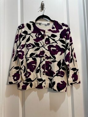 Charter Club Beige/purple Floral Cardigan Large Buttons 3/4 sleeves